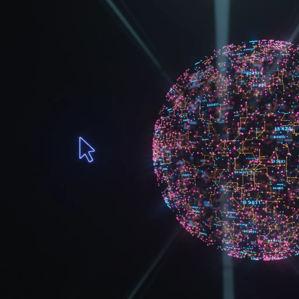 A single small indigo cursor arrow on the left, alone in a vast dark void, versus a large constellation of glowing interconnected agent nodes on the right